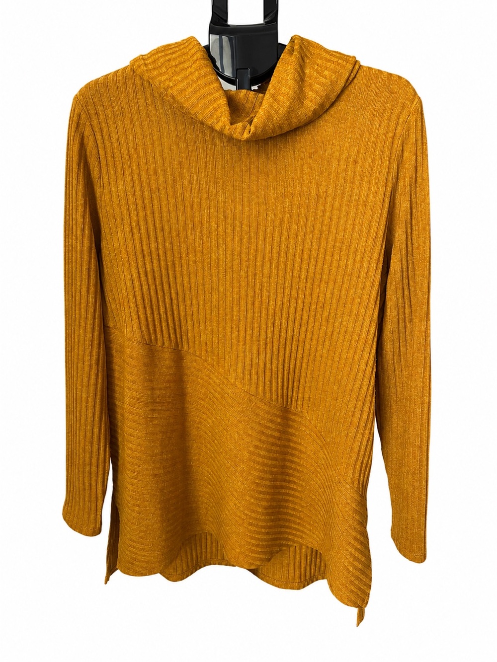 Soft Surroundings Women's 1X Mustard Ribbed Knit Cowl Neck Tunic Sweater Cozy